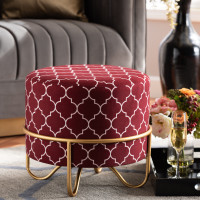 Baxton Studio JY19A255-Red/Gold-Otto Candice Glam and Luxe Red Quatrefoil Velvet Fabric Upholstered Gold Finished Metal Ottoman